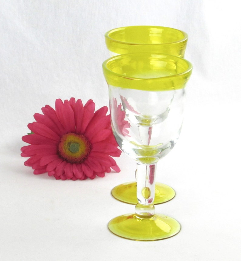 Tall Hand Blown Yellow Glass Goblets Glasses Pair Unique Etsy 日本