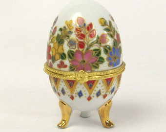 Gold Gilded Cloisonne Enameled Egg - Hand Painted Fine Porcelain Trinket - Jewelry Box - Vintage Home Décor