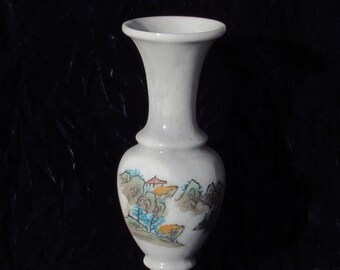 Marble Vase with Hand Etched and Painted Asian Design