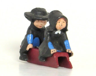 Miniature Amish Children on Toboggon - Unique Figurines - Vintage Home Decor