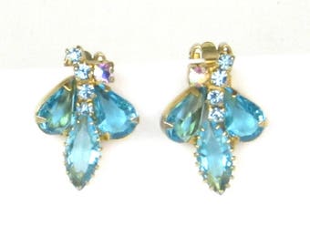 Blue Rhineston and AB Sparkly Earrings - Versatile Vintage Clip ons for Ears - Dress Shoe or Blouse Accessory on a Gold Tone Setting
