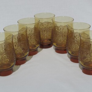 7 Victorian Style Raised Relief Amber Colored Glasses Lot of Seven 7 Scrolling Floral Design Motif image 5