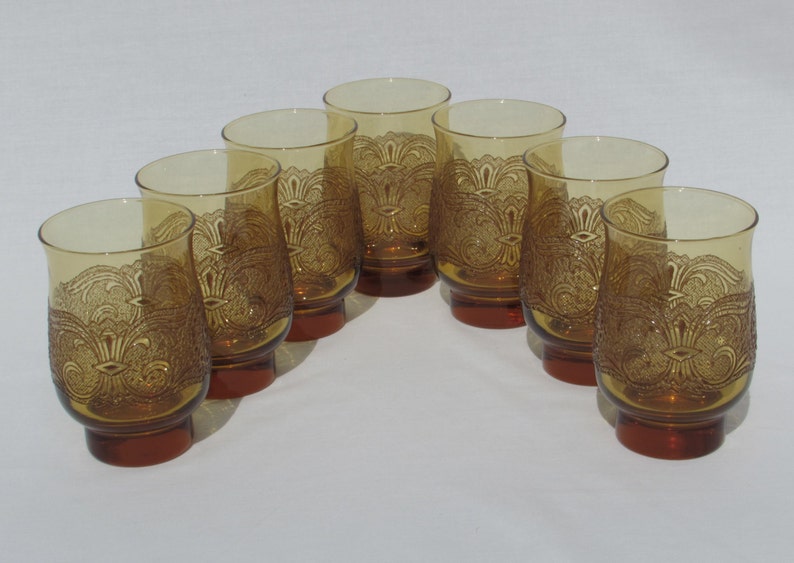 7 Victorian Style Raised Relief Amber Colored Glasses Lot of Seven 7 Scrolling Floral Design Motif image 5