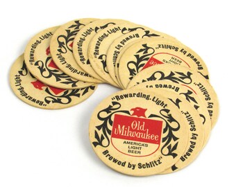 Twelve (Set of 12) Vintage Reusable Old Milwaukee Coasters  -  Home Bar - Beer Serving - Man Cave - Garage - Party - Vintage Home Décor