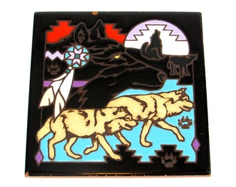 Wolf Art Trivet - Ceramic - Tera Cotta Wolves Sculpture - Surface Protector - Wolf pack - Sacred Indian Ancestor - Handcrafted Home Décor