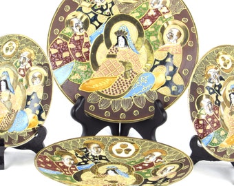 Set of Four 4 Satsuma Plates - Immortals - Deities - God and Goddesss - Gold Gilded Halos - Hand Painted Moriage - Dragonware - Cloisonne