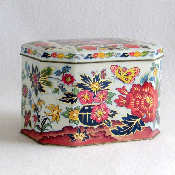 Damer Designed Vintage Tin - Octagonal Shaped - Made in England - Floral and Butterfly with Golden Accents - Vintage Home Decor