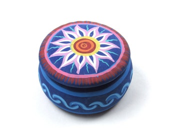 Cobalt Blue Trinket Box - Jewelry Keeper Container - Round Studio Pottery - Hand Painted Flower - Bright - Colorful Vintage Decor