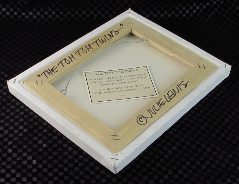 Percussion Musical Instrument Art The Tom Tom Twins by Julie Lewis Artist Signed Wall Hanging Beating Drums with Cute Story Card