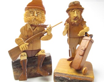 Very Unique OOAK Wooden Figure - Hand Crafted Hunter Holding a Gun on a Log - Golfer Figure Sold Separately - One of a Kind - Artist Signed