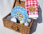 Summer Fun Picnic Basket - French Country Carrier - Handy Caddy - Shabby Chic Tote - Festive Accessories - Vintage Home BBQ Cookout Kit