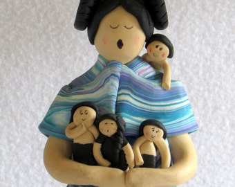 Original Storytelling Figurine - American Indian Mother with Children - Handmade Clay Sculpture Signed G Pina - Vintage Cultural Home Decor