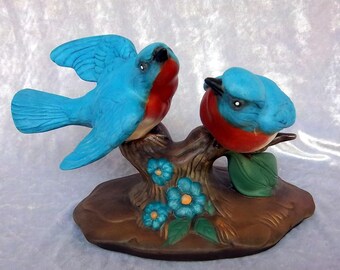 Holland (c) Mold Red Breasted Porcelain Blue Birds Figurine  -  Rich Vibrant Colors on Driftwood Look Base
