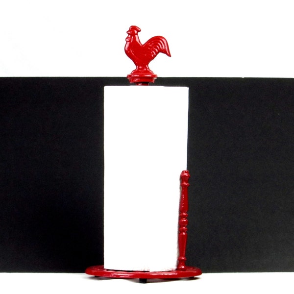 Bright Red Enamel Rooster Paper Towel Holder - Vintage Metal Kitchen Accessory - Timeless French Country - Shabby Chic Farmhouse Decor