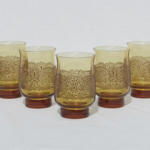 7 Victorian Style Raised Relief Amber Colored Glasses Lot of Seven 7 Scrolling Floral Design Motif image 4
