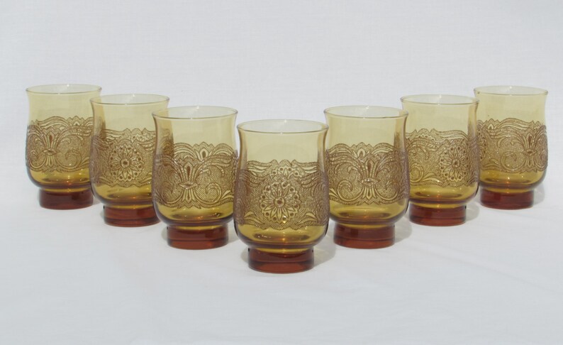 7 Victorian Style Raised Relief Amber Colored Glasses Lot of Seven 7 Scrolling Floral Design Motif image 4