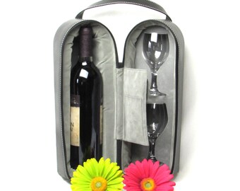 Personal Travel Bar - Wine Bottle and Glasses Carrying Case - Zippered Black Leather - First Date - Honeymoon Vintage Home Decor