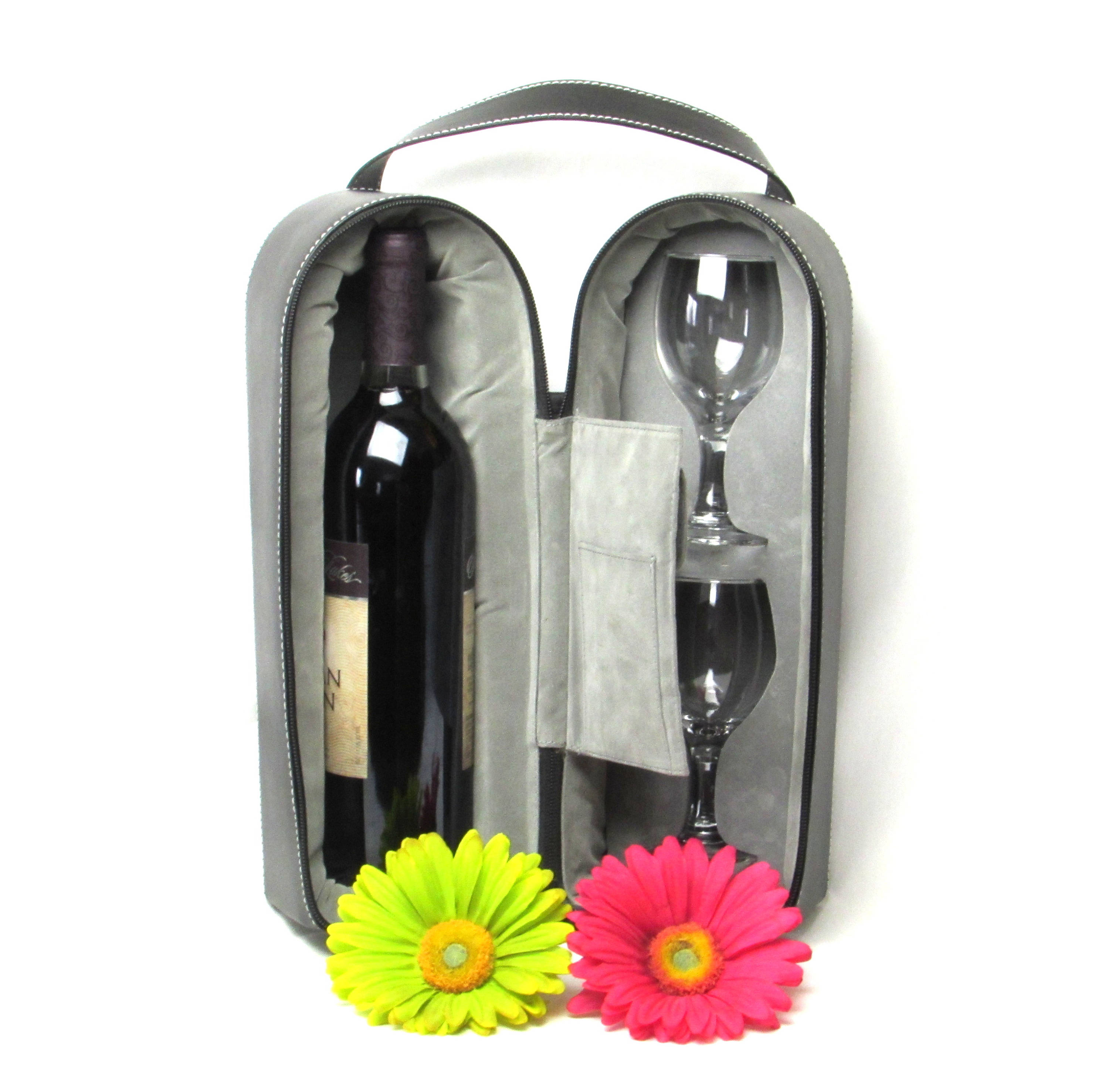 Personal Travel Bar Wine Bottle and Glasses Carrying Case Zippered