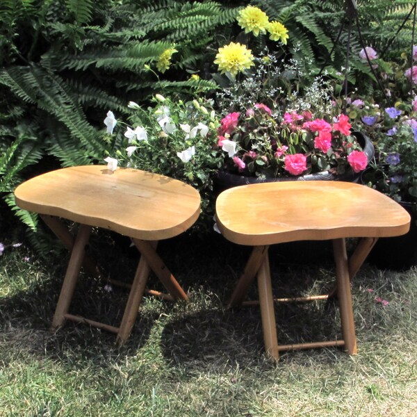 Pair of Folding Novco Kidney Shaped Stools - Portable - Sturdy Childrens Seat - Plant Stand - Wooden Side Table - Furniture Retro Home Decor