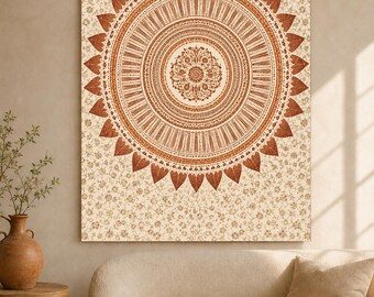 May include: A rectangular wall tapestry featuring a large, intricate, rust-colored mandala design centered on a cream-colored background with a delicate, repeating floral pattern. The mandala consists of concentric circles and pointed leaf-like shapes.