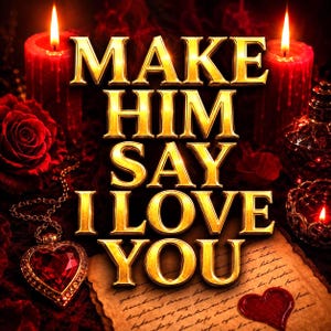 Puede incluir: Un diseño gráfico con el texto dorado MAKE HIM SAY I LOVE YOU centrado sobre un trozo de papel pergamino. La escena incluye dos velas de pilar rojas, una rosa roja, un colgante en forma de corazón con una piedra roja y un pequeño corazón de cera.