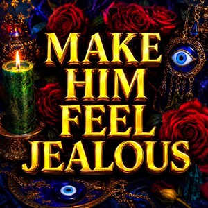 Könnte beinhalten: Ein Grafikdesign mit dem goldenen Text MAKE HIM FEEL JEALOUS, zentriert vor einem dunklen Hintergrund mit tiefroten Rosen, einer grünen Stumpenkerze und zwei blauen Nazar-Amuletten mit goldenen Filigran-Akzenten und hängenden Ketten.
