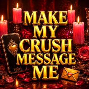 Op de afbeelding: Een digitale afbeelding met de gouden tekst MAKE MY CRUSH MESSAGE ME, omringd door roze kaarsen, rode rozen, een smartphone met een hartpictogram en een gouden envelopbedel. De compositie gebruikt een donker, warm kleurenpalet.