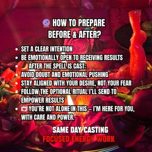 May include: A red candle shaped like a human figure surrounded by red rose petals and lit candles. Text reads: HOW TO PREPARE BEFORE & AFTER? SET A CLEAR INTENTION, BE EMOTIONALLY OPEN TO RECEIVING RESULTS, AFTER THE SPELL IS CAST: AVOID DOUBT, SAME DAY CASTING.