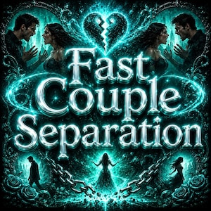 Op de afbeelding: Een digitale illustratie met de tekst Fast Couple Separation in metallic zilveren letters. Het ontwerp bevat een gloeiend talingkleurig gebroken hart, silhouetten van een man en vrouw die tegenover elkaar staan, en een vrouw te midden van gebroken kettingen.
