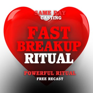 May include: A glossy red heart shape featuring white and red text that reads: SAME DAY CASTING, FAST BREAKUP RITUAL, POWERFUL RITUAL, and FREE RECAST. The heart has a smooth, reflective surface and a rounded top with a central indentation.
