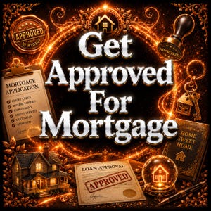 Peut inclure: Un graphique avec le texte Get Approved For Mortgage en lettres argentées. Les éléments incluent un document de demande de prêt, un tampon approuvé, un porte-clés maison, une miniature de maison, un document d'approbation et une boule de cristal.