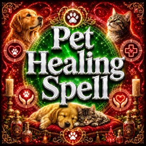 Op de afbeelding: Een digitale illustratie met de tekst Pet Healing Spell in zilveren letters. Een golden retriever en een cyperse kat slapen op een rood kussen, omringd door kaarsen, glazen flessen en gloeiende rode en groene cirkelvormige symbolen.
