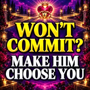 May include: A digital graphic featuring a glowing red heart with a gold crown and a heart-shaped padlock above the text WON'T COMMIT? MAKE HIM CHOOSE YOU. The scene is framed by red roses, lit lanterns, and a path leading toward a bright light.