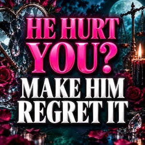 May include: A graphic design featuring the text HE HURT YOU? in bright pink and MAKE HIM REGRET IT in white. The background includes dark red roses, a shattered heart-shaped mirror, a metal scale of justice, and a lit black candle with a flame.