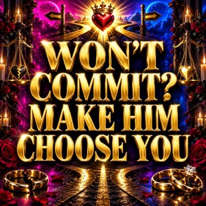 May include: A digital graphic featuring the gold text WON'T COMMIT? MAKE HIM CHOOSE YOU. The background displays a glowing red heart with a crown, two golden scales of justice, red roses, and two gold rings on a dark path under a purple sky.
