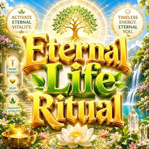 May include: A graphic design featuring the text Eternal Life Ritual in large gold and green letters. The background shows a glowing tree, a waterfall, a lotus flower, and a candle. Circular badges include text: Activate Eternal Vitality and Timeless Energy. Eternal You. More Energy. Deep Healing. Longevity & Vitality.