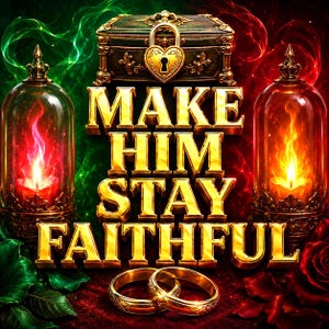 May include: A decorative display featuring the gold text MAKE HIM STAY FAITHFUL, centered below a dark ornate chest with a heart-shaped padlock. Two glass cloches containing glowing flames flank the text, with two gold rings resting below.
