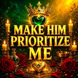 Op de afbeelding: Een digitale afbeelding met de gouden tekst MAKE HIM PRIORITIZE ME gecentreerd boven een gouden hart met een groene edelsteen. De scène bevat een gouden kroon, vier brandende kaarsen, rode rozen en een gouden kelk op een donkere ondergrond.