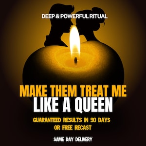 Puede incluir: Una llama de vela brillante ilumina el centro de un fondo oscuro. Sobre la llama hay siluetas de dos personas frente a frente. El texto dice: DEEP & POWERFUL RITUAL, MAKE THEM TREAT ME LIKE A QUEEN, GUARANTEED RESULTS IN 90 DAYS OR FREE RECAST, SAME DAY DELIVERY.