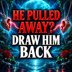May include: A digital graphic featuring two ornate, metallic heart-shaped pendants on chains, separated by a glowing red lightning effect. The text reads HE PULLED AWAY? DRAW HIM BACK in bold red and white letters over a dark blue water and rose background.