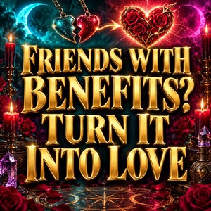 Puede incluir: Un gráfico con el texto dorado FRIENDS WITH BENEFITS? TURN IT INTO LOVE. El fondo muestra rosas rojas, velas encendidas en candelabros ornamentados, cristales morados y un colgante en forma de corazón hecho de rosas rojas con una flecha.