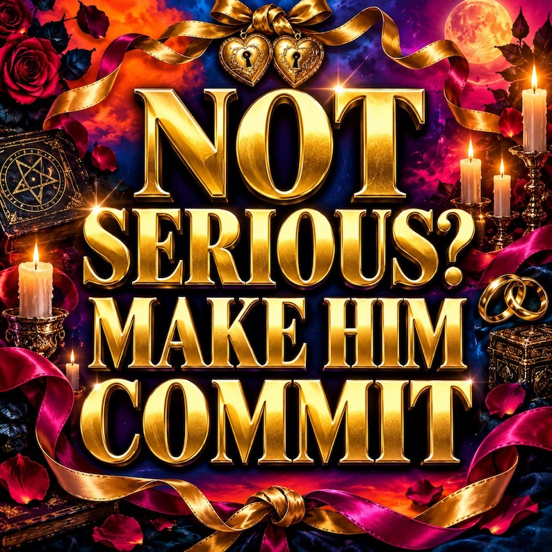 May include: A graphic design featuring the gold text NOT SERIOUS? MAKE HIM COMMIT centred against a dark, vibrant background. The image includes gold heart-shaped padlocks, lit candles, red roses, and flowing gold and magenta ribbons.