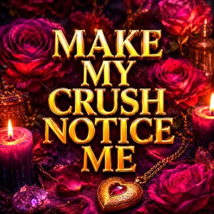 May include: A gold-toned locket shaped like a heart with a red center stone, surrounded by deep red roses, lit purple candles, and scattered crystals. The text "MAKE MY CRUSH NOTICE ME" is displayed in large, bold, metallic gold letters in the center.