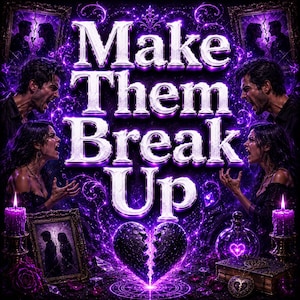 May include: A digital graphic featuring the text Make Them Break Up in bold silver lettering against a vibrant purple background. The image includes illustrations of two people shouting, two lit purple candles, a broken heart, and framed portraits.