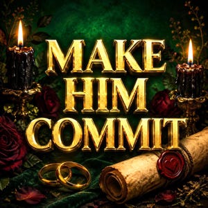 Pode incluir: O texto MAKE HIM COMMIT em letras douradas 3D está centralizado acima de dois anéis de ouro, um pergaminho enrolado com um selo de cera vermelha em forma de coração e duas velas pretas em suportes dourados sobre fundo de veludo verde.