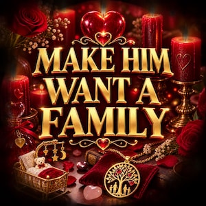 Op de afbeelding: Een gouden hanger met een levensboomontwerp en kleine rode accenten, rustend op een rood fluwelen kussen. De afbeelding bevat de gouden tekst "MAKE HIM WANT A FAMILY" omringd door rode kaarsen, een gouden miniatuurwieg en een teddybeer.