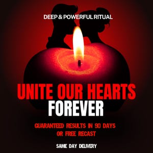 Könnte beinhalten: Eine leuchtend rote Kerze mit heller Flamme, platziert vor den Silhouetten zweier sich gegenüberstehender Personen. Der Text lautet DEEP & POWERFUL RITUAL, UNITE OUR HEARTS FOREVER, GUARANTEED RESULTS IN 90 DAYS OR FREE RECAST, SAME DAY DELIVERY.