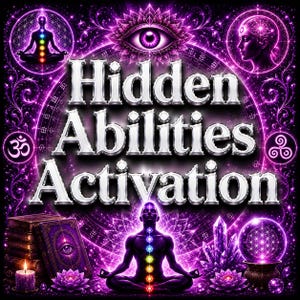 Può includere: Una grafica digitale con il testo Hidden Abilities Activation in lettere argentate. Il design include una figura centrale in meditazione con punti chakra luminosi, un grande occhio, fiori di loto, una pila di libri, cristalli e una sfera.