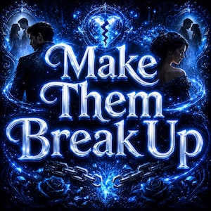 Puede incluir: Un gráfico digital con el texto "Make Them Break Up" en letras azules brillantes. El diseño incluye un icono de corazón roto, una cadena de metal fracturada y siluetas de parejas en marcos ornamentados sobre un fondo azul oscuro.