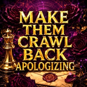 May include: A graphic design featuring the gold text MAKE THEM CRAWL BACK APOLOGIZING centred over a background of dark purple roses and a gold chess queen piece. At the bottom, a tan envelope is sealed with a circular red wax stamp.